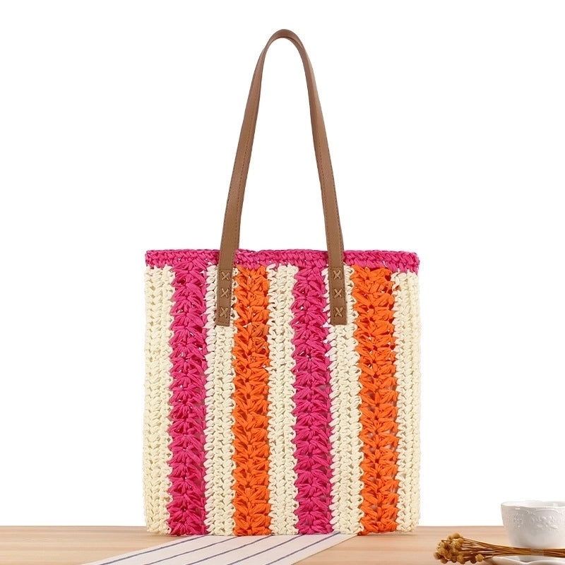 Women's Large Straw Color Block Vacation Zipper Straw Bag