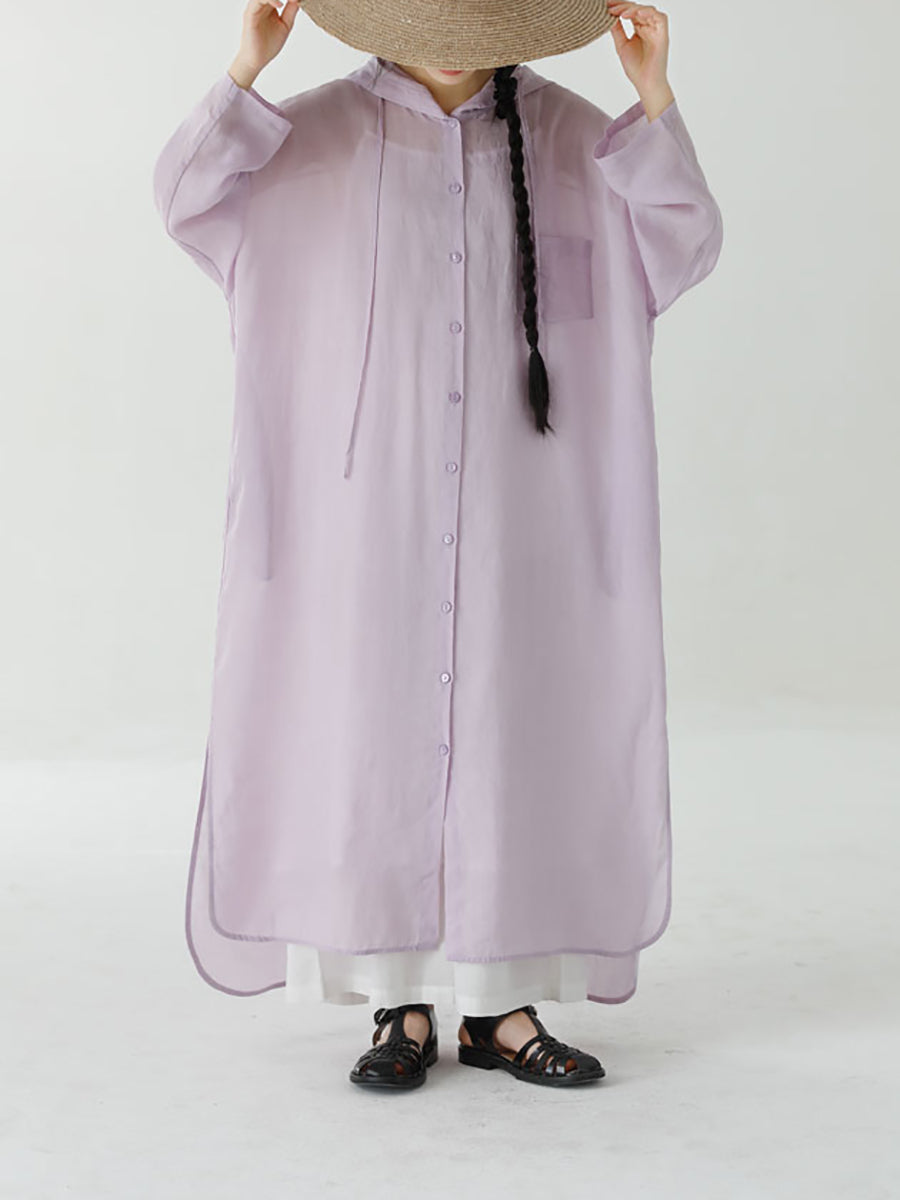 Women Summer Pure Color Hooded 100%Ramie Shirt Dress