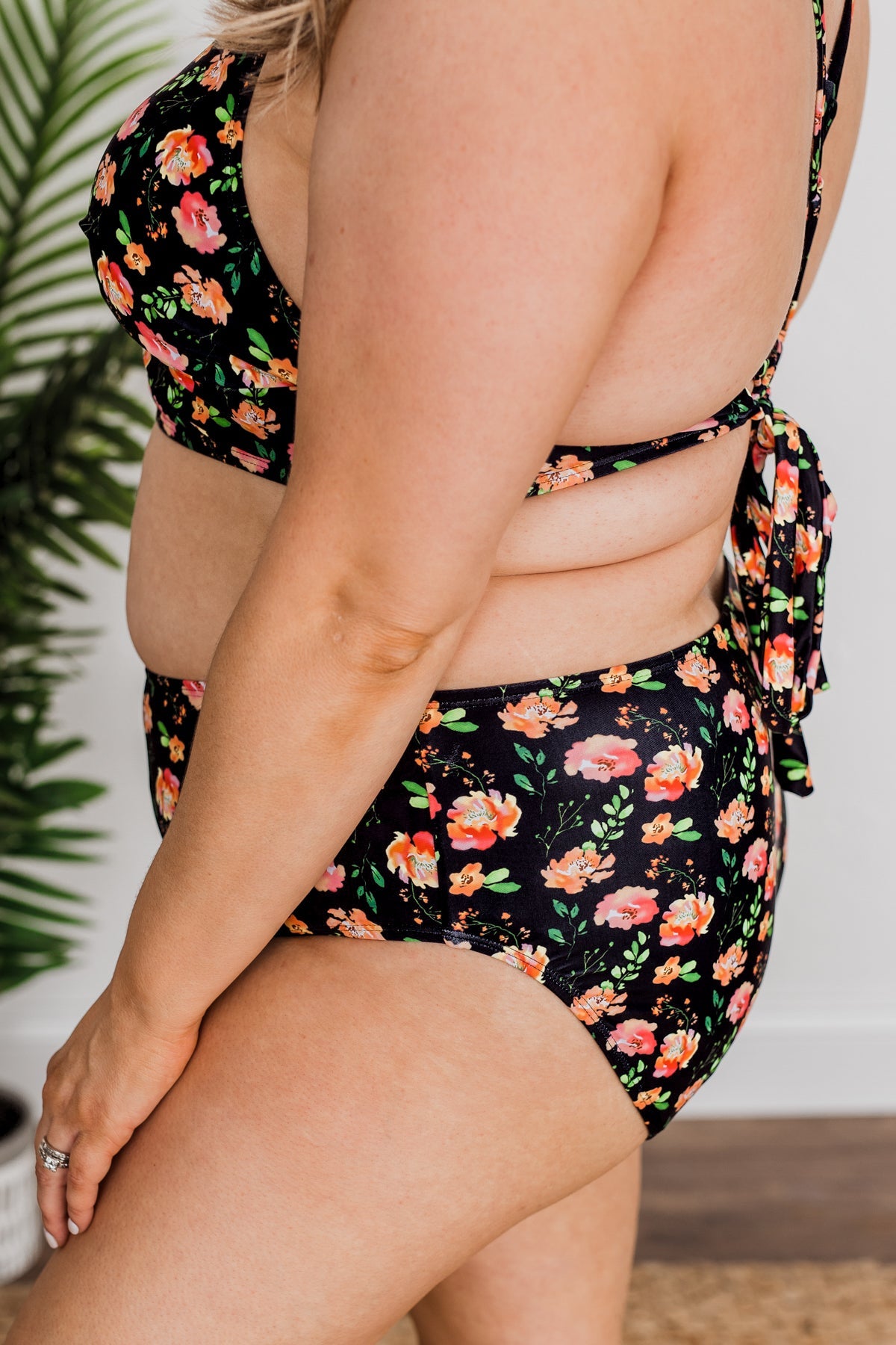 Bask In The Sun Mid-Rise Swim Bottoms- Black & Orange Floral