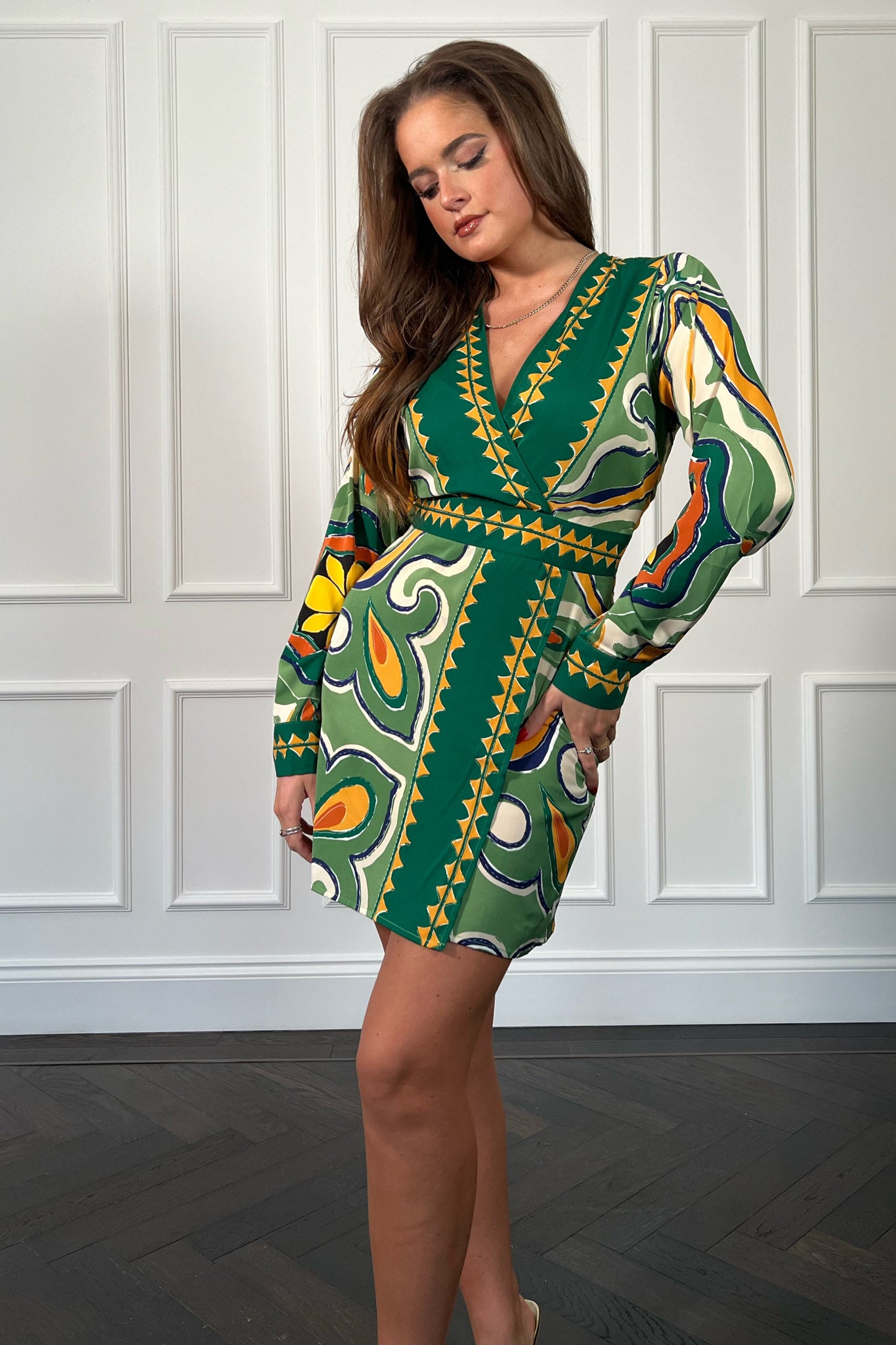Brianna Green Abstract Wrap Midi Dress