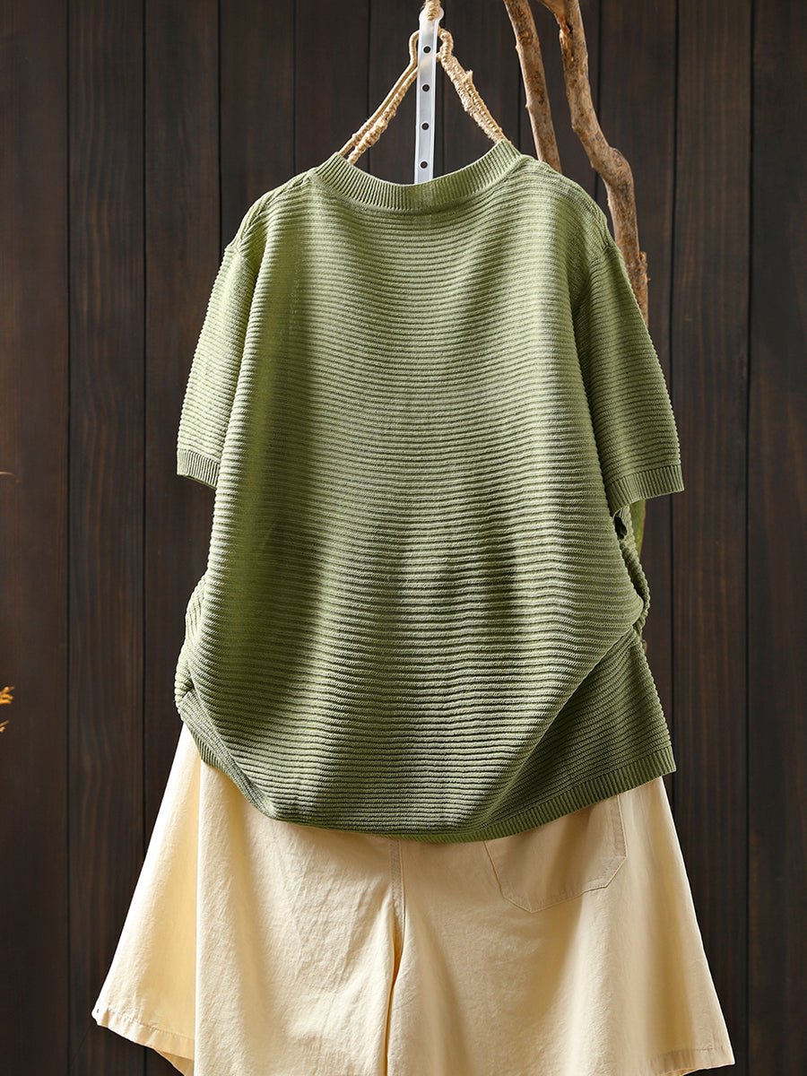 Women Summer Casual Linen Knitted V-Neck Shirt