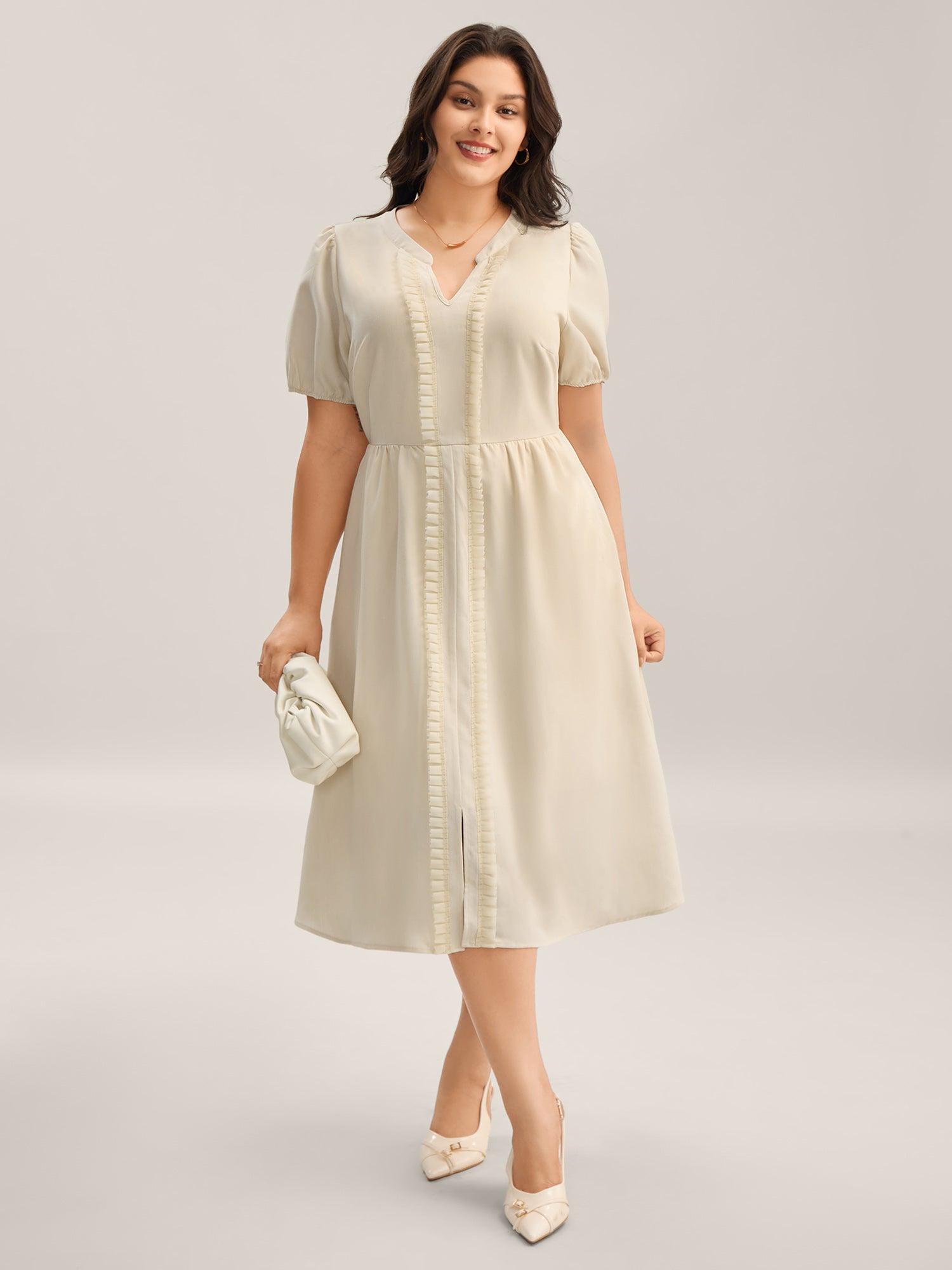 Lace Trim Solid Pockets Midi Dress