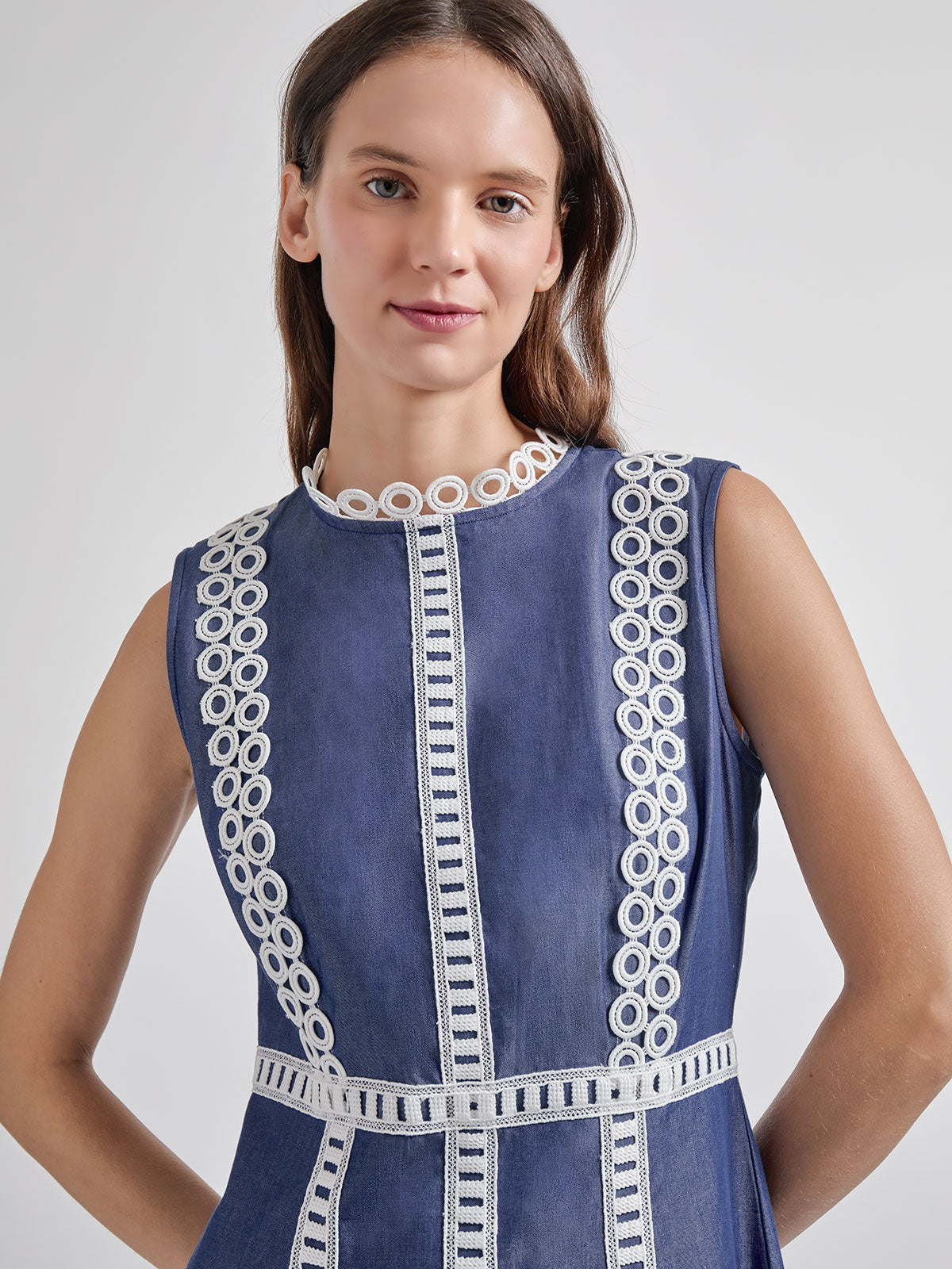 Modern Fit & Flare Cotton Eyelet Trim Maxi Dress