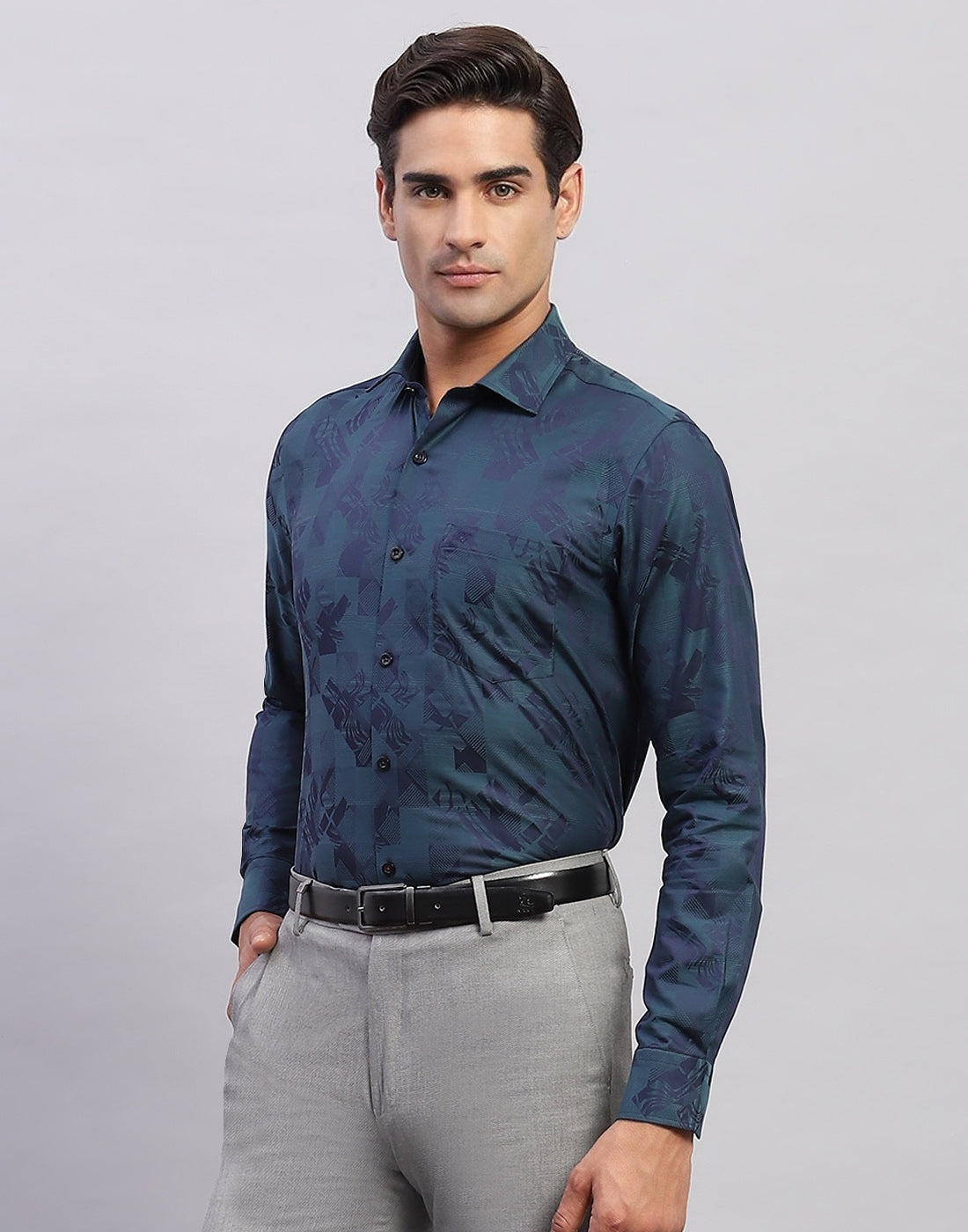 Men Navy Blue Self Design Collar Full Sleeve Shirt