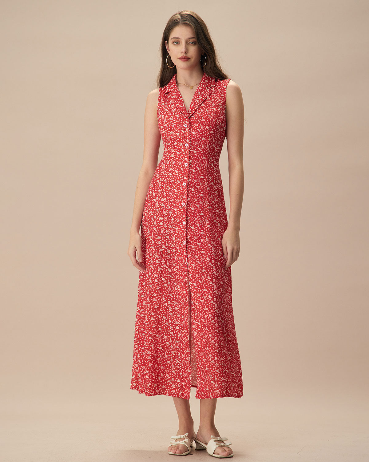 The Red Collared Button-up Floral Maxi Dress