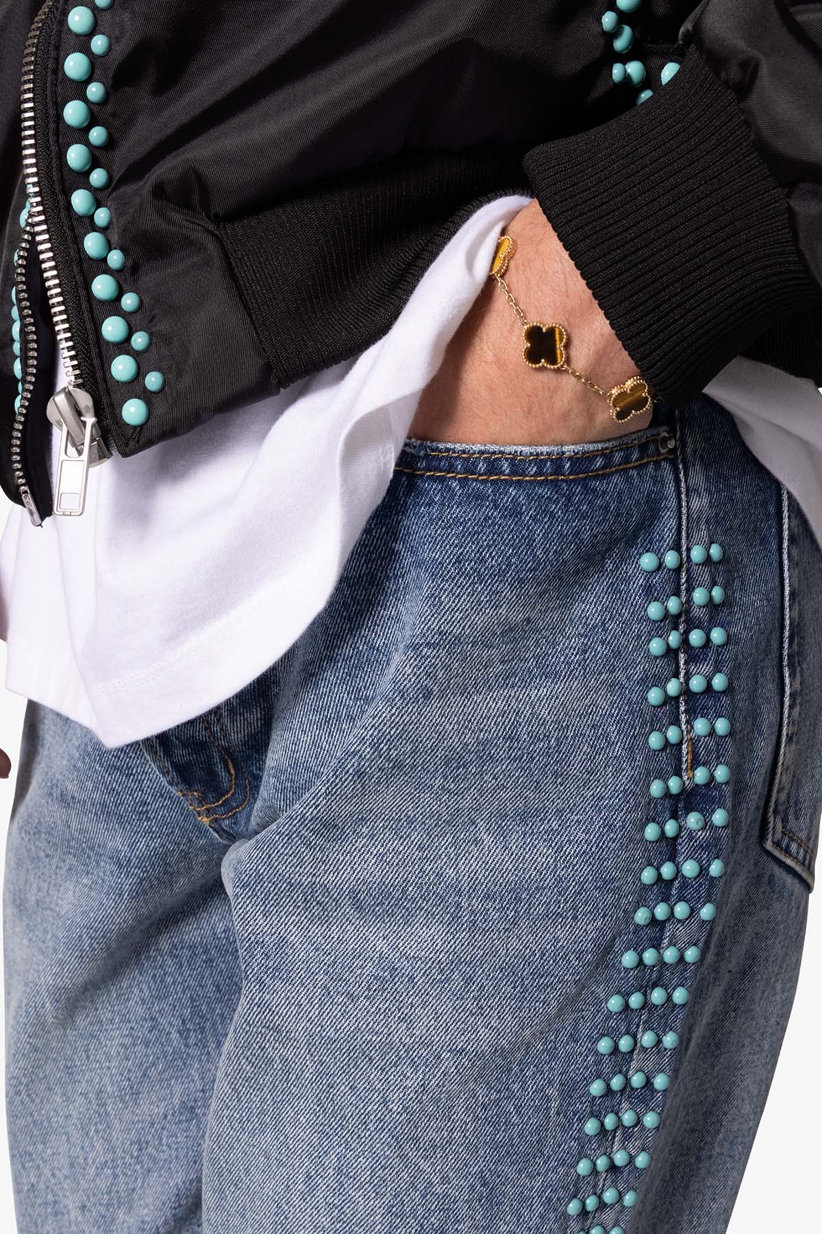 B697 Turquoise Studded Flare Denim - Blue