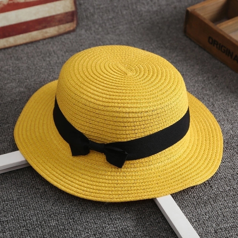Straw Hat Female Summer British Retro Flat Top Beach Travel Hat