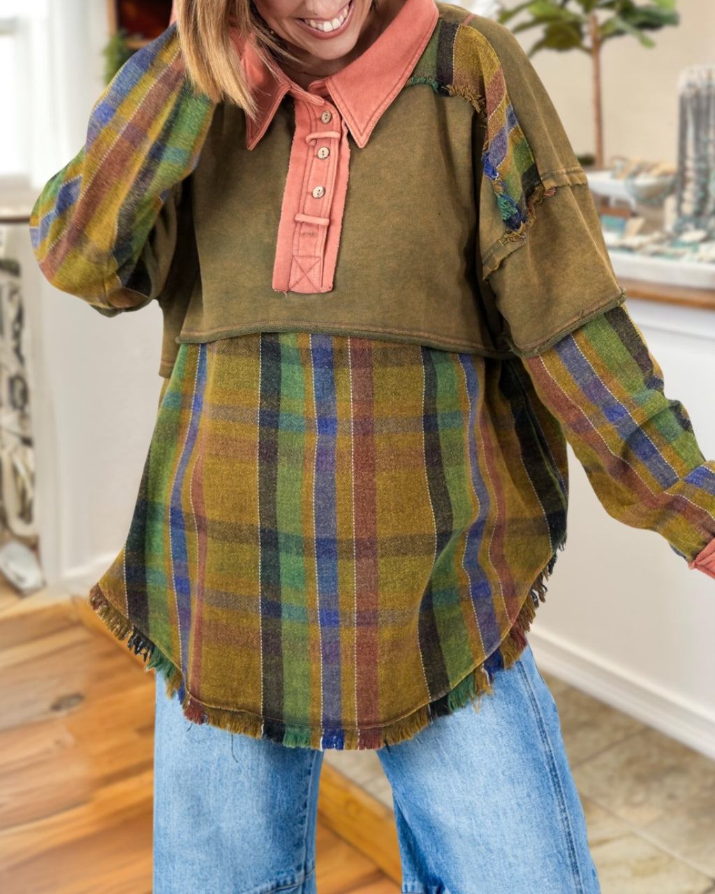 Patchwork Washed Plaid Colorblock Pullover