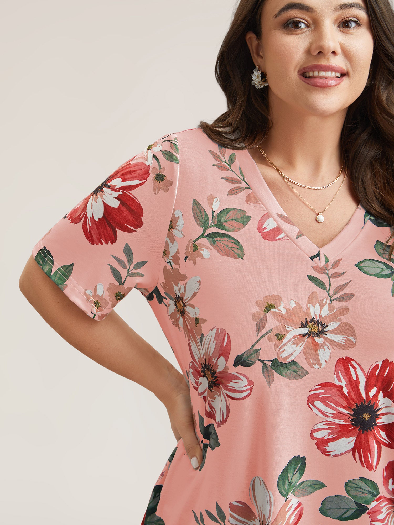 Multi-Color Floral Print V-Neck T-Shirt