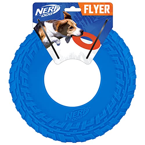 Nerf Dog Rubber Tire Flyer Dog Toy. Flying Disc. Lightweight. Durable. Floats in Water. Great for Beach and Pool. 10 Inch Diameter. for Medium/Large Breeds. Single Unit. Blue. Original