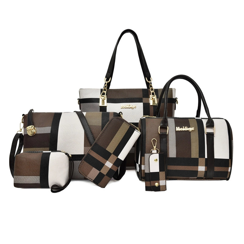 Women's Large All Seasons Pu Leather Plaid Fashion Bucket Zipper Bag Sets