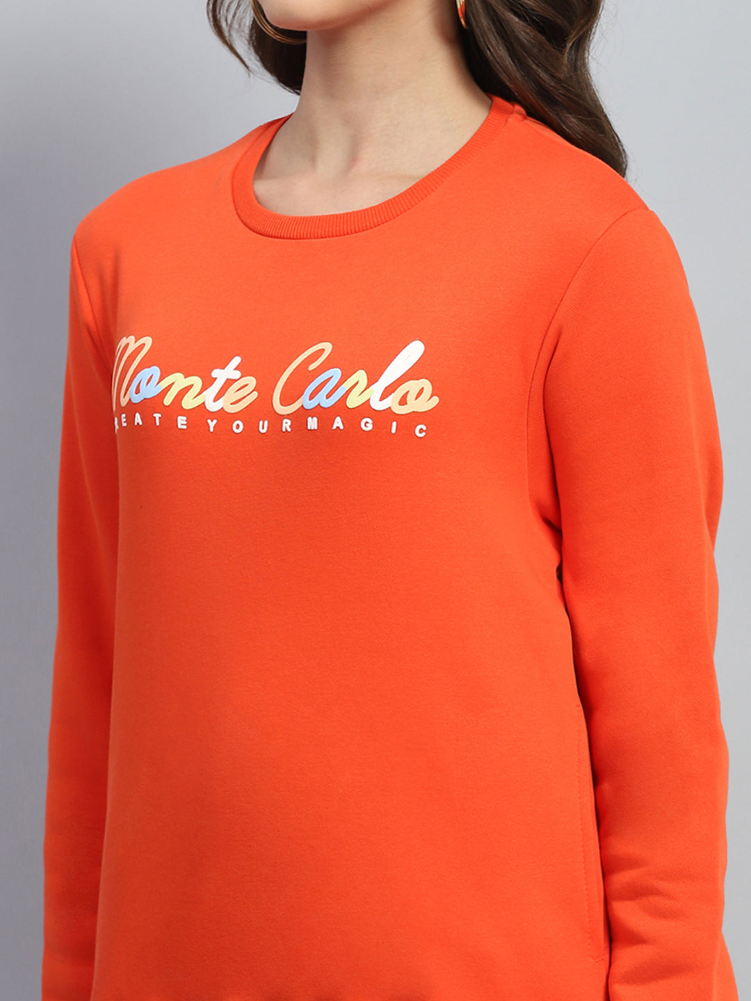 Women Orange Printed Round Neck Full Sleeve Sweatshirt