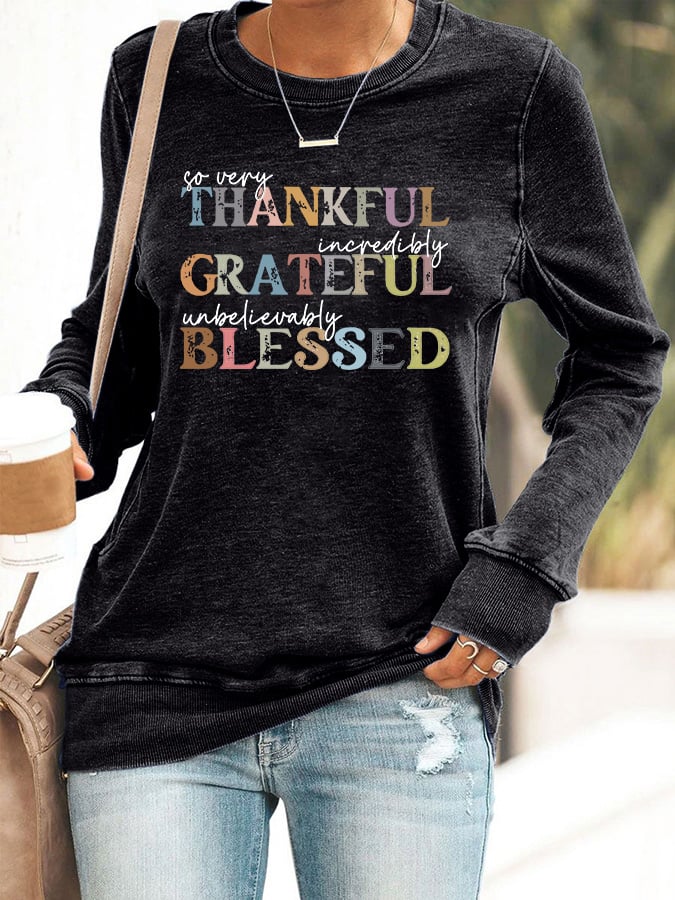 Women's Grateful Thankful Blessed Print Crew Neck Sweatshirt