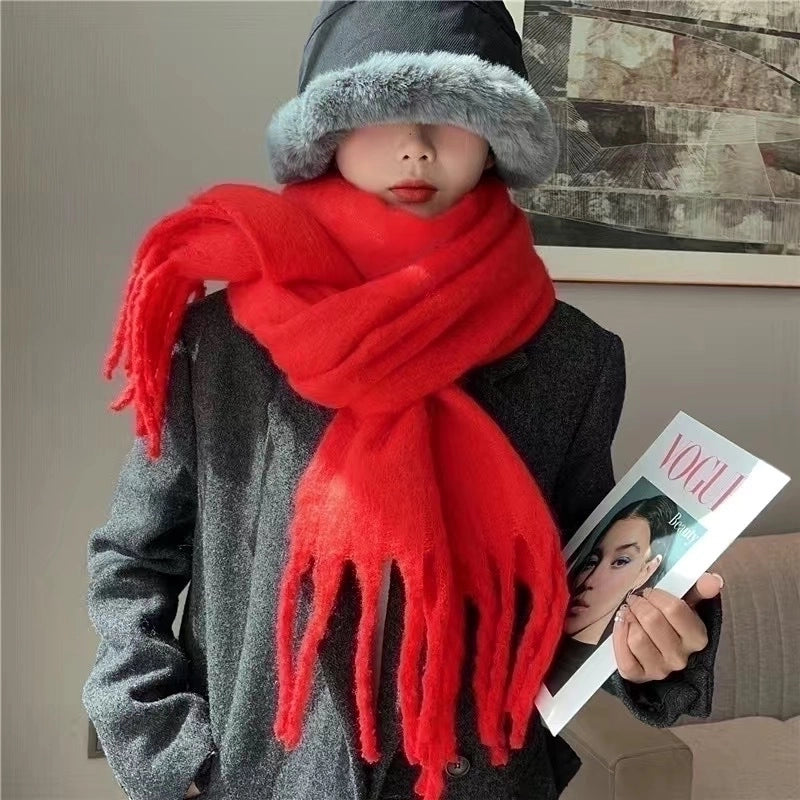 Women's Scarf Winter Solid Color Mohair Thickened New High-grade White Lazy Shawl Scarf Warm Fashion