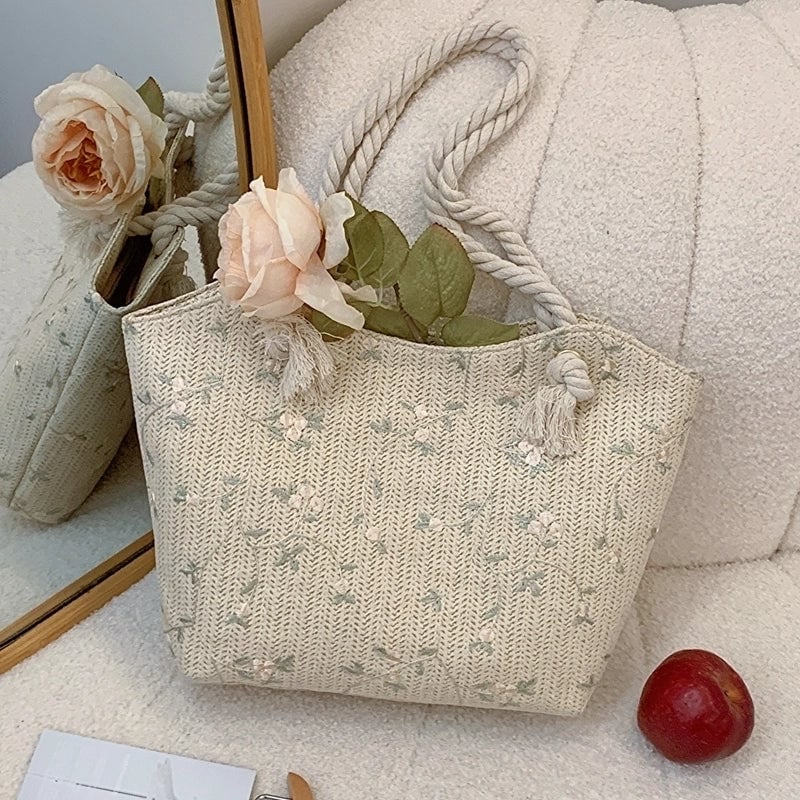 Women's Large Straw Solid Color Basic Classic Style Zipper Straw Bag
