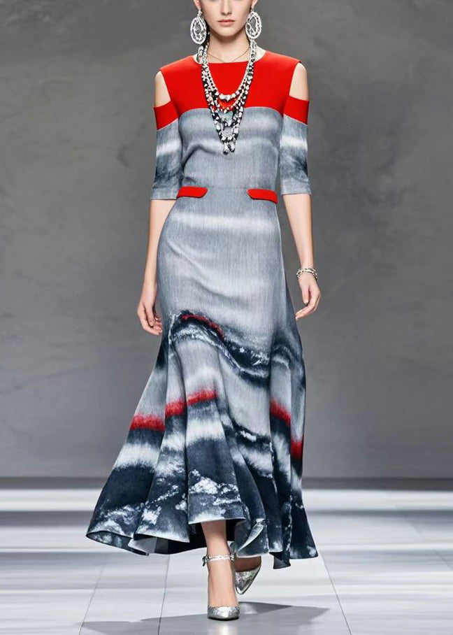 French Grey Cold Shoulder Patchwork Tie Dye Cotton Maxi Dresses Spring