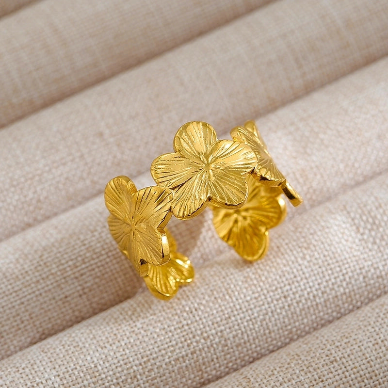 Rock Oversized Leaves Eye Flower 304 Stainless Steel Gem 18K Gold Plated Inlay Open Rings