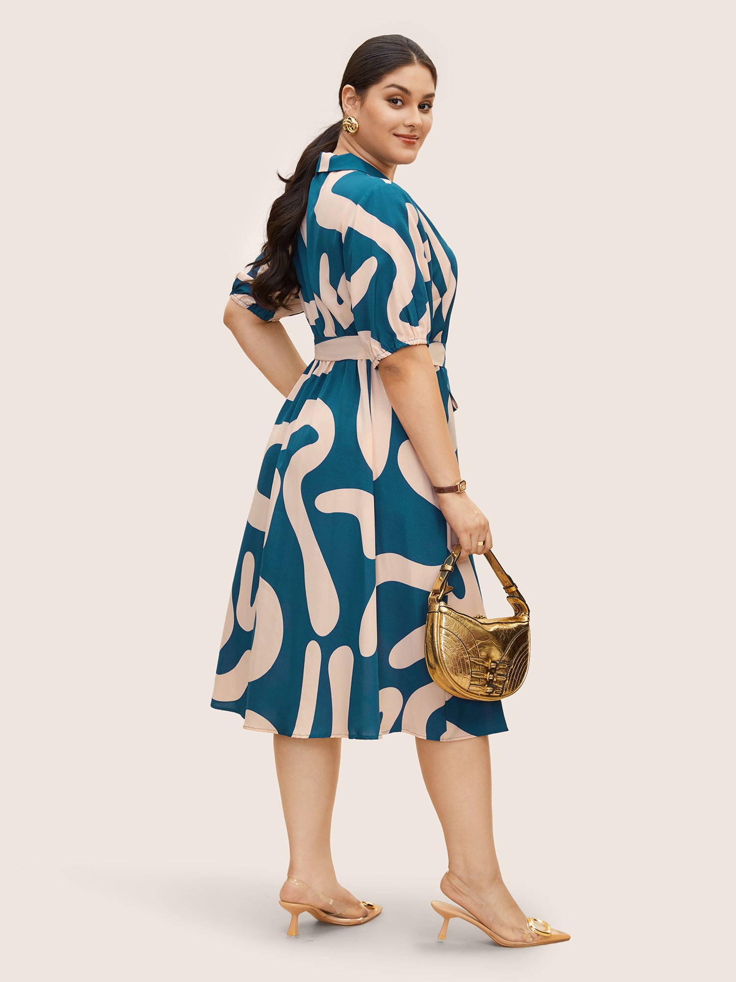 Shirt Collar Contrast Geometric Belted Midi Dress