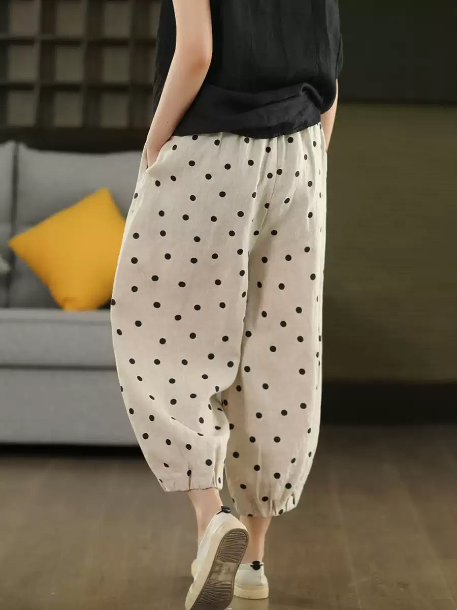 Women Casual Dot Loose 100%Linen Bloomers