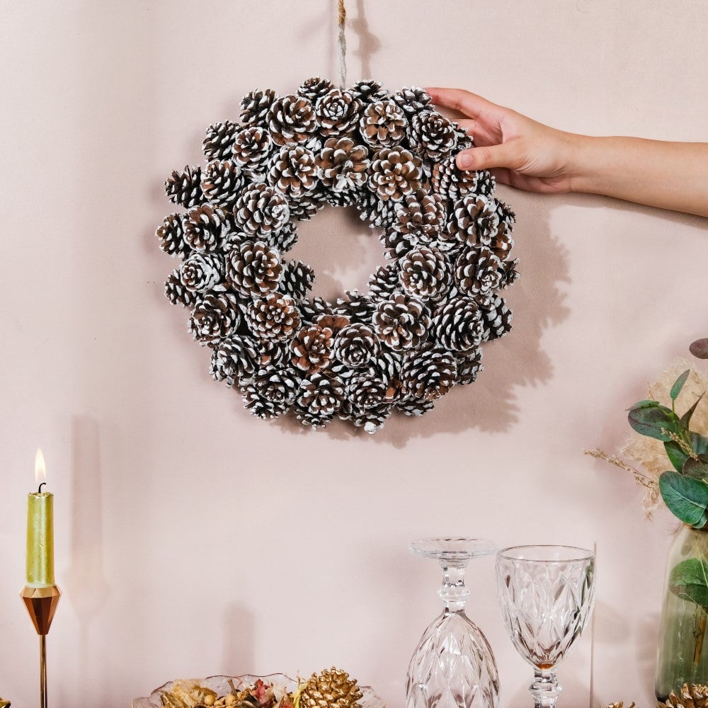 Christmas Wreath Of Snowy Pinecones 11 Inch