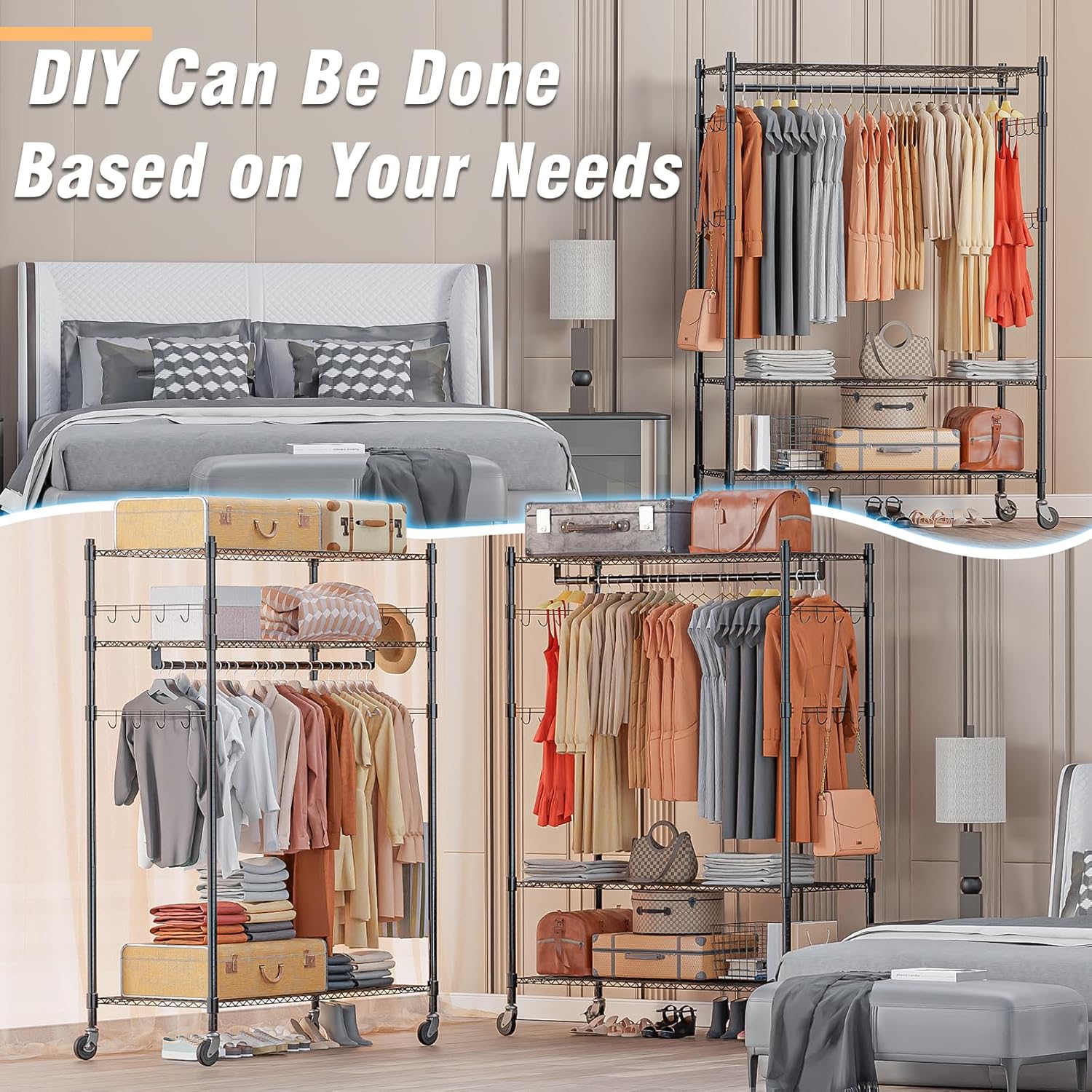 Homdox 3 Tier Heavy Duty Garment Rack with Wheels. Adjustable Wire Clothes Rack with Double Hanging Rods. Portable Closets for Hanging Clothes with Side Hooks. Black