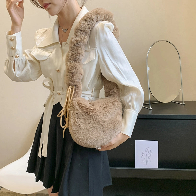 Korean Style Autumn And Winter Furry Solid Color Mini Bag Casual Fashion Underarm Women's Bag Fashionable Western Style Plush Handbag