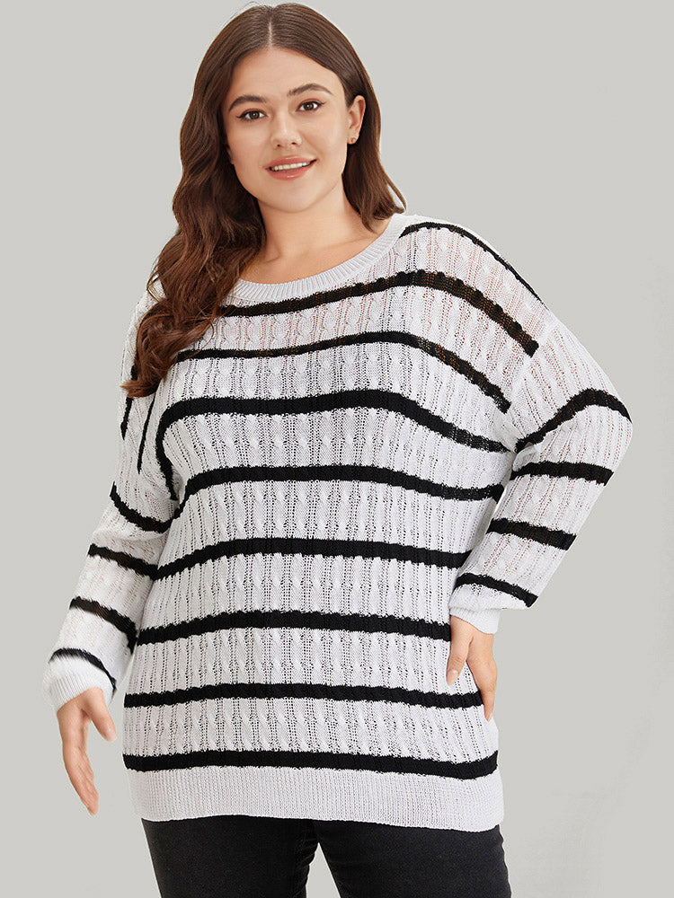 Striped Cable Knit Drop Shoulder Pullover