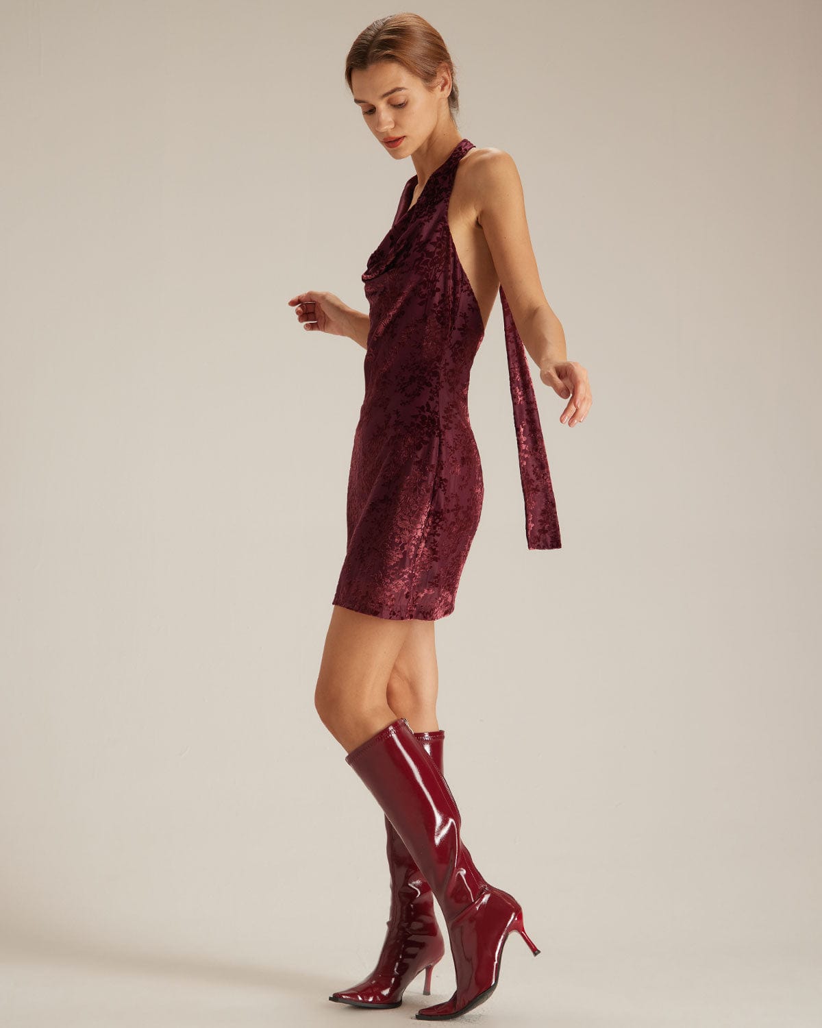 The Wine Red Halter Floral Burnout Mini Dress