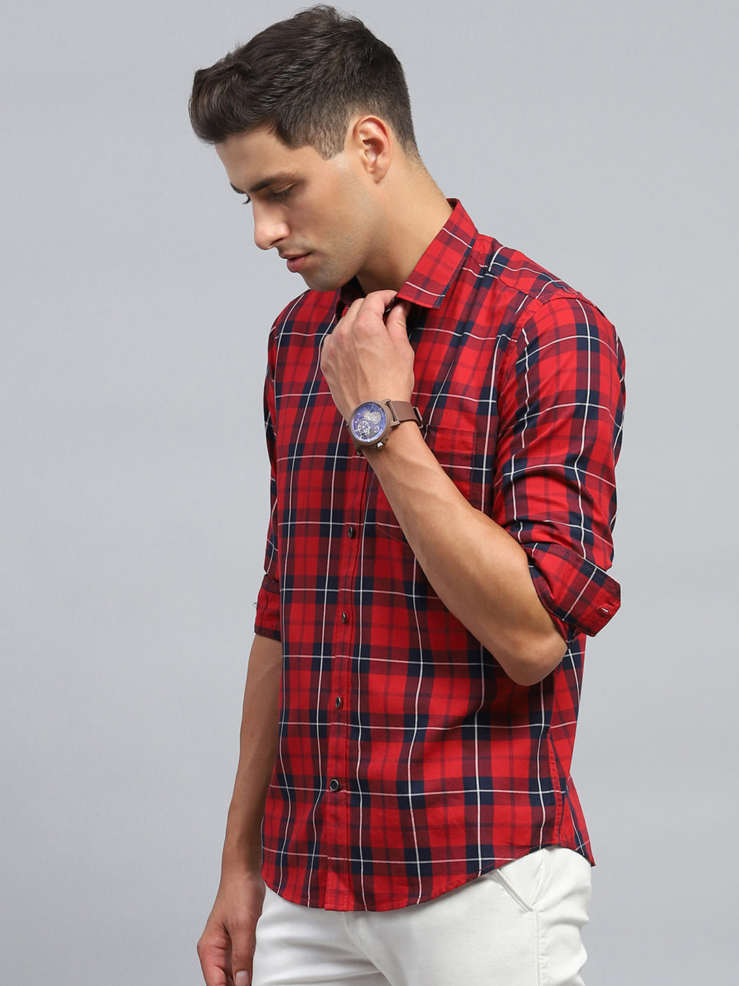 Men Red Check Collar Full Sleeve Shirt