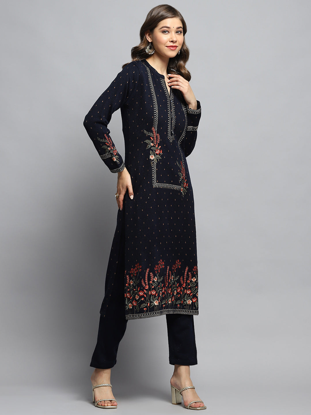 Women Navy Blue Self Design Round Neck Full Sleeve Kurti Set