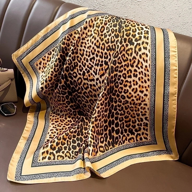 Women's Elegant Business Color Block Leopard Satin Printing Silk Scarf
