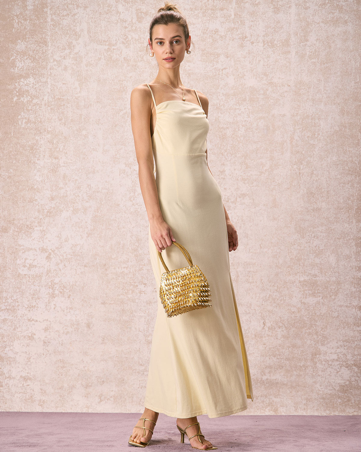 The Yellow Ruched Backless Slip Maxi Dress