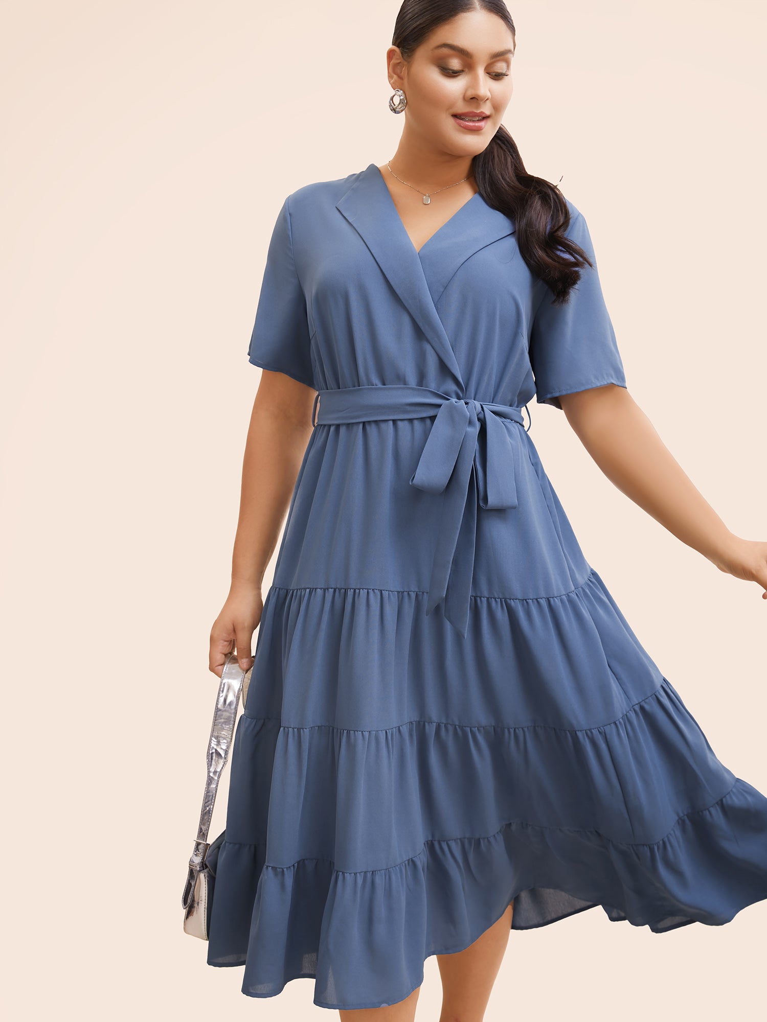 Suit Collar Ruffle Layered Hem Dress