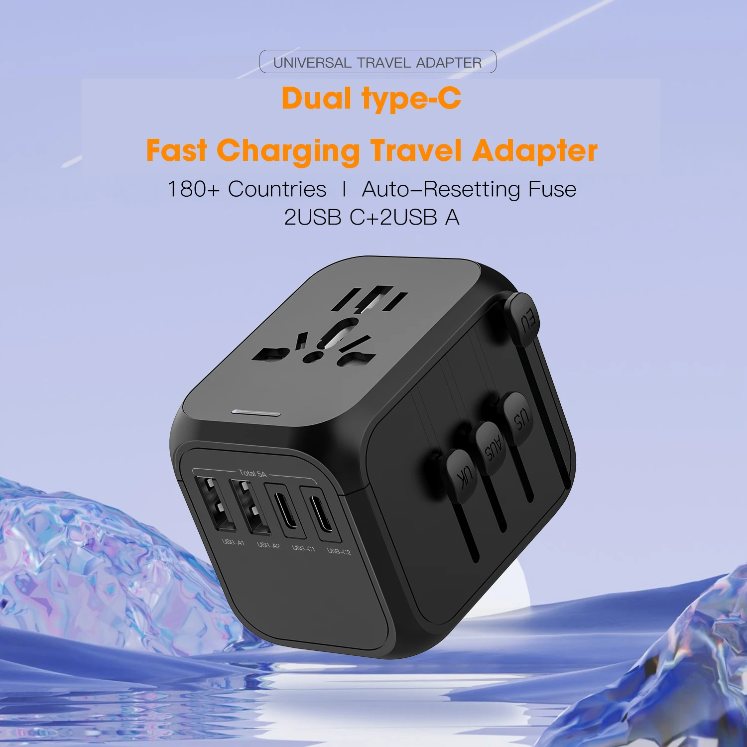 All in One Universal Travel Plug Adapter with Dual USB A and C Ports Worldwide Compatible with USA EU UK AUS Socket