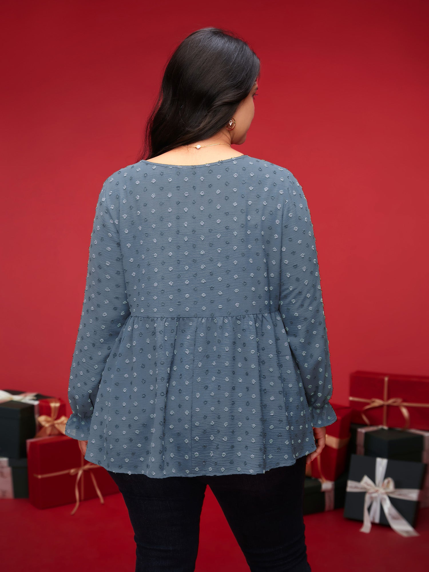 Textured Dot Elastic Cuffs A-line Blouse