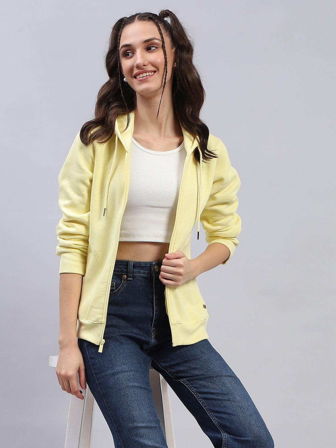 Women Yellow Solid Hooded Full Sleeve Sweatshirt