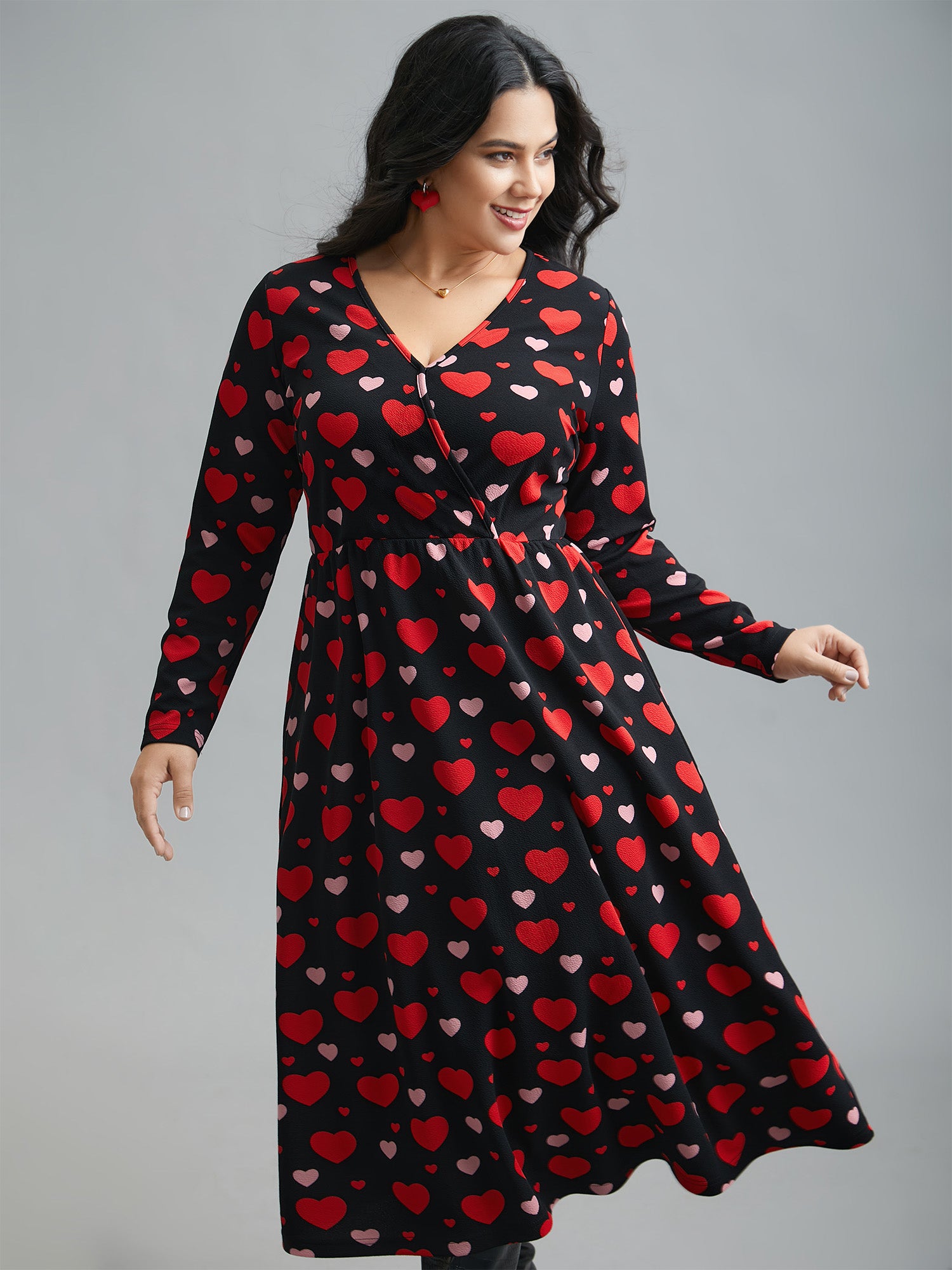 Wrap Neck Hearts Print Knit Dress