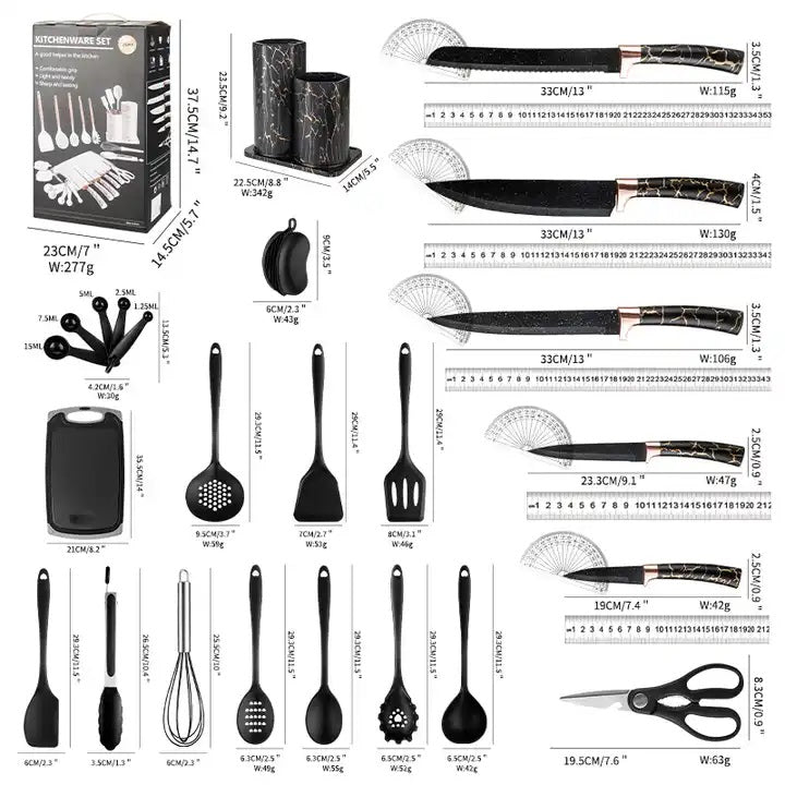 25 PCs Silicon Cooking & Knife Set With Board-Goldish