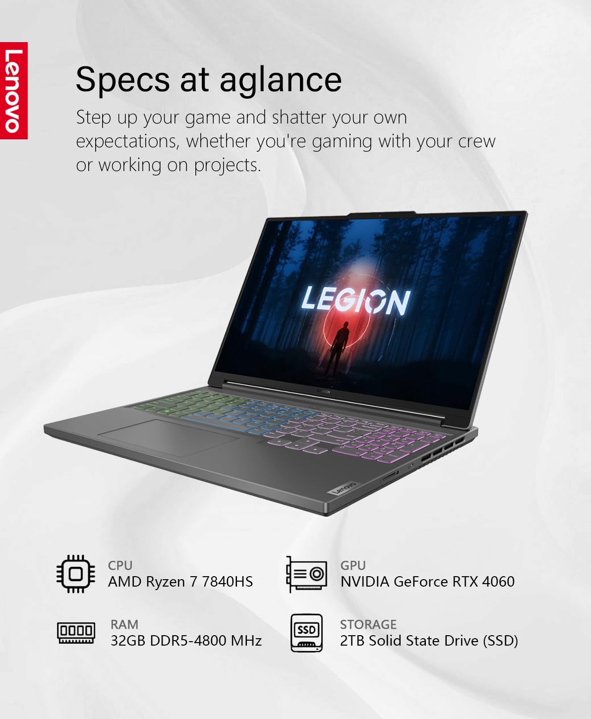 Lenovo Legion Slim 5 Gaming, 165Hz IPS, 32GB RAM 1TB almacenamiento, AMD Ryzen 7 7840HS (5.10GHz), NVIDIA GeForce RTX 4060, KB retroiluminada, Wi-Fi, Windows 11, gris tormenta, W/GaLiMu