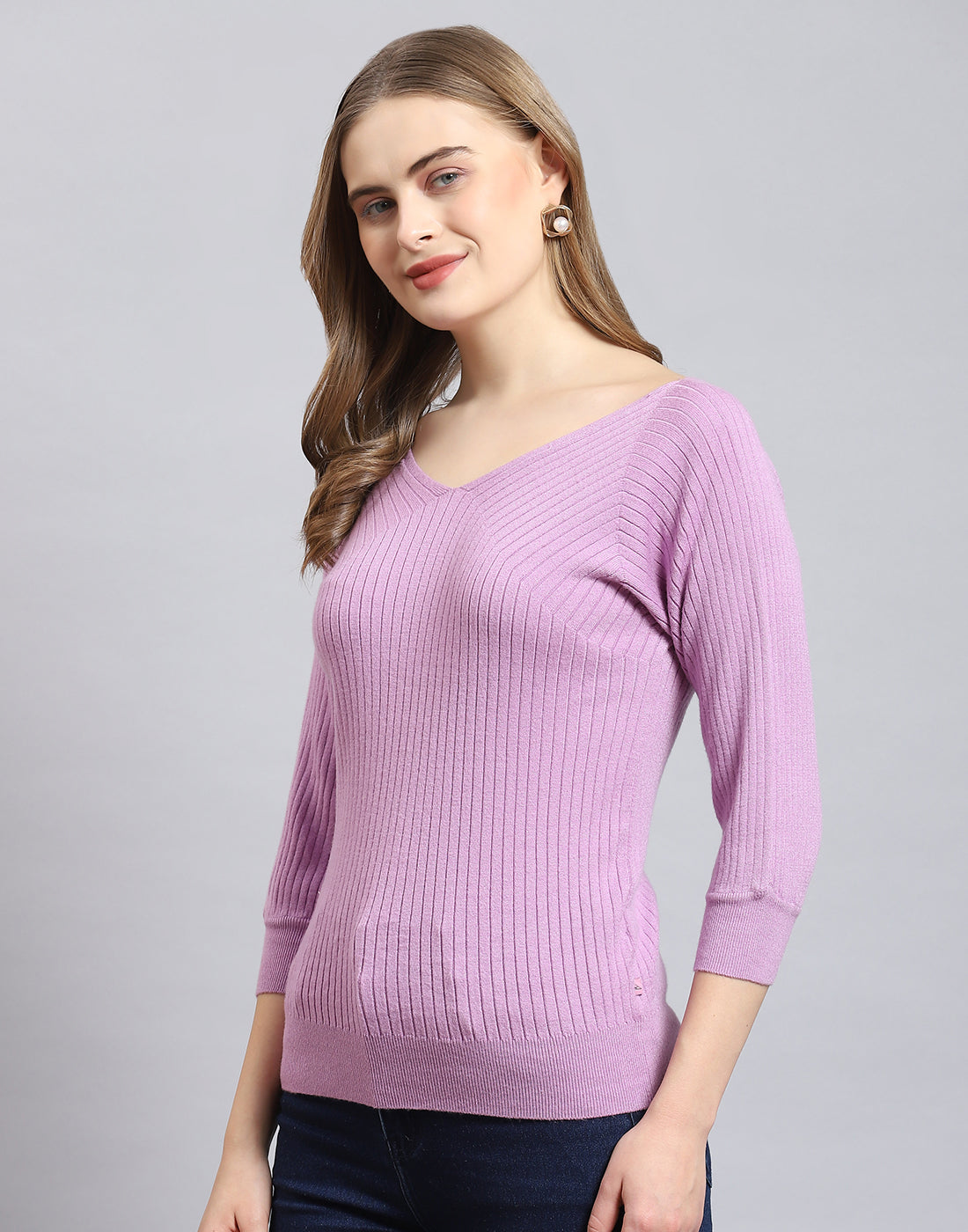 Women Purple Solid V Neck 3/4 Sleeve Top