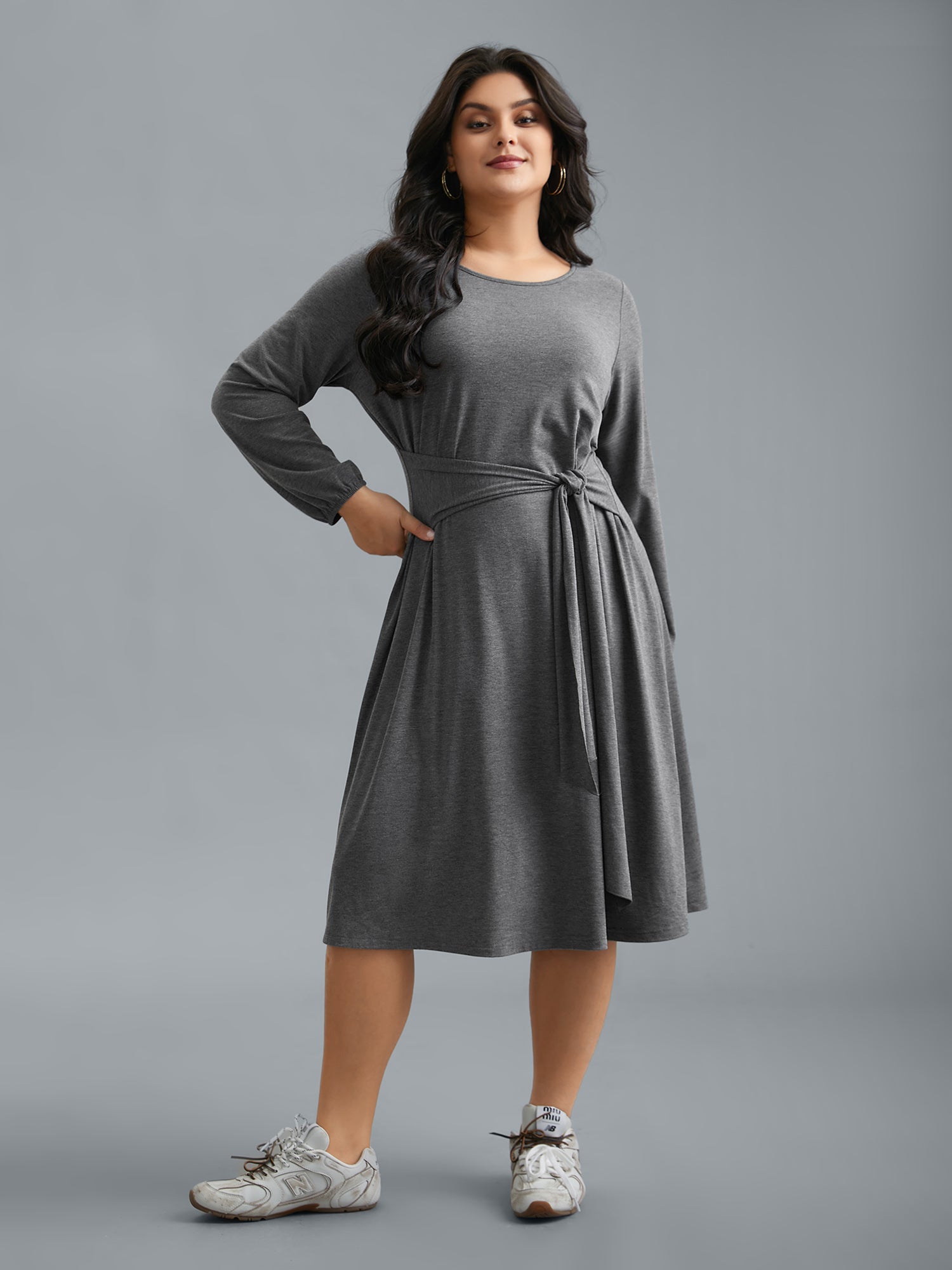 Stretchy Waist-Tie Plain Knit Dress