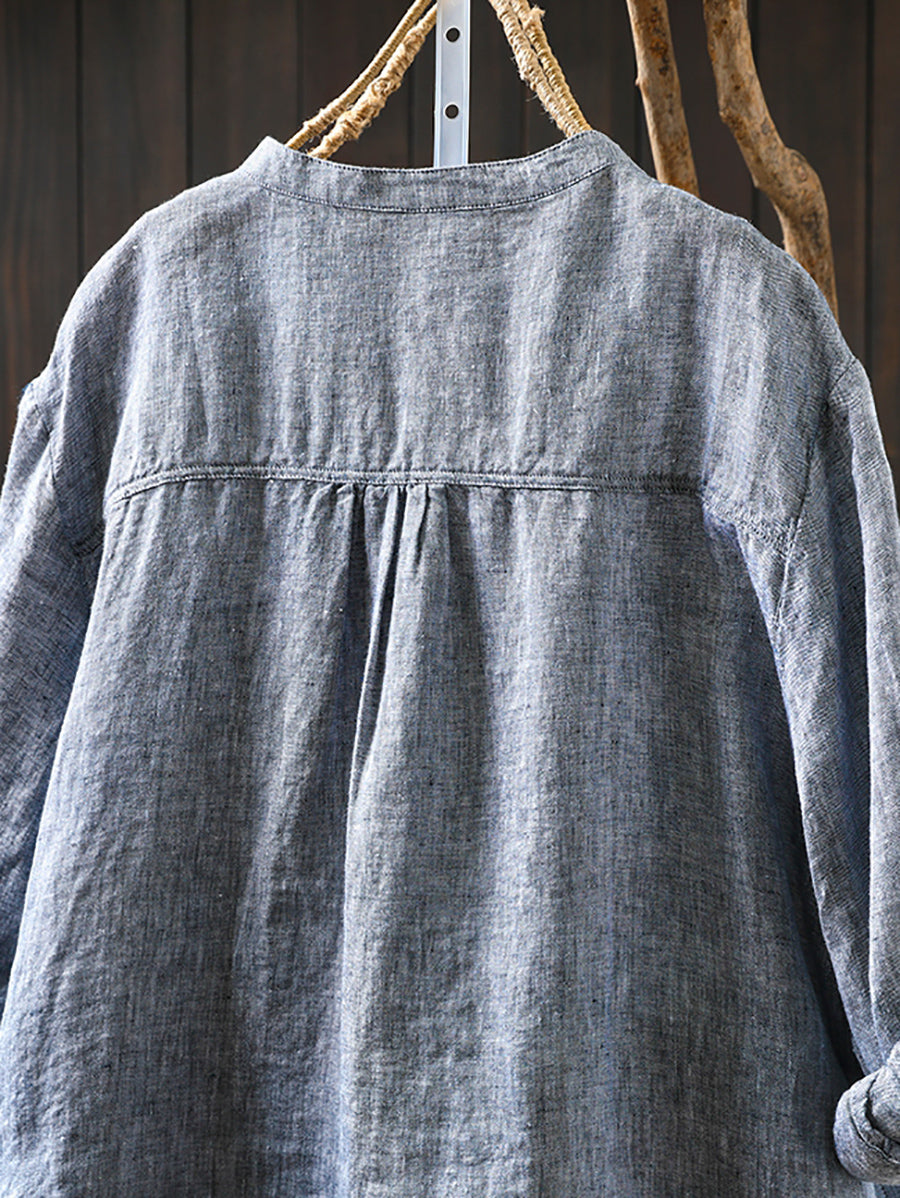 Women Summer Pure Color Stand Collar 100%Linen Shirt