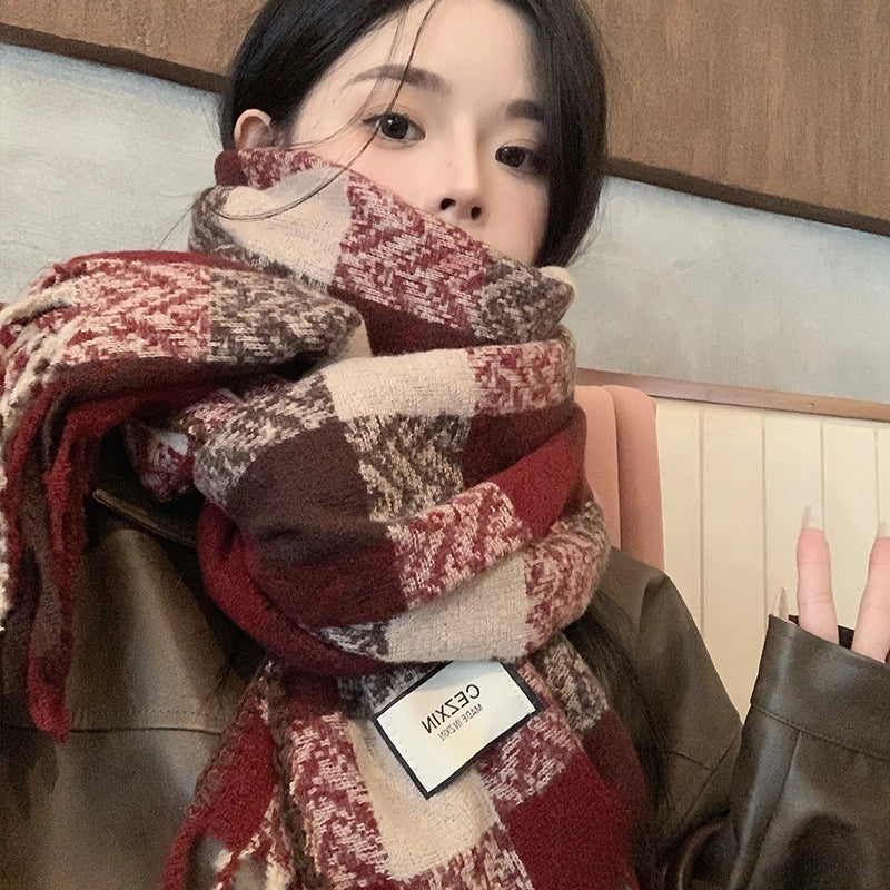 Women's Retro Lattice Imitation Cashmere Tassel Scarf