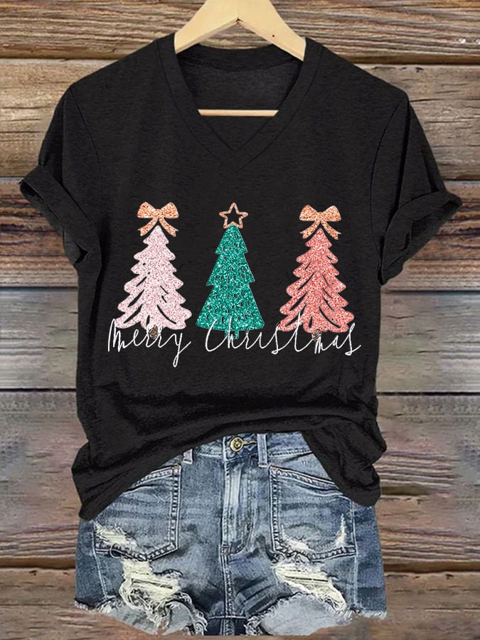 Women's Sequined Merry Christmas Tree Print Casual T-shirt