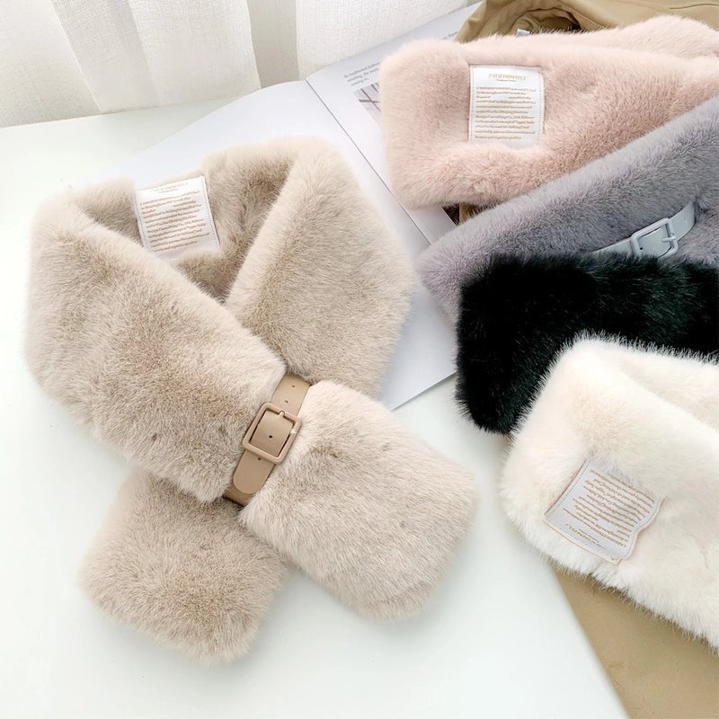 Women's Plush Collar Scarf With Belt Buckle Autumn And Winter Warm Fashionable All-match Cross Scarf