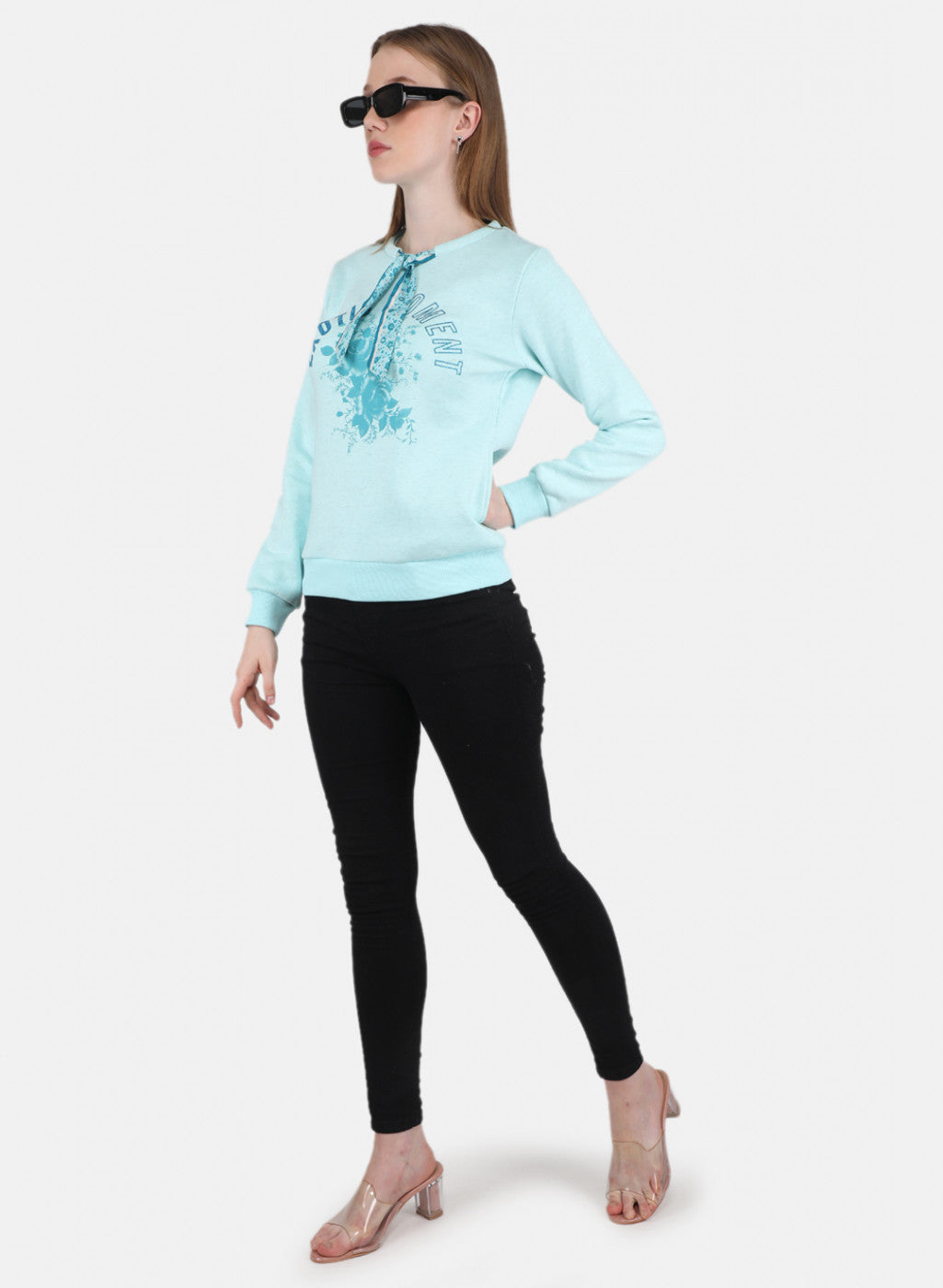 Women Aqua Blue Printed Sweatshirt