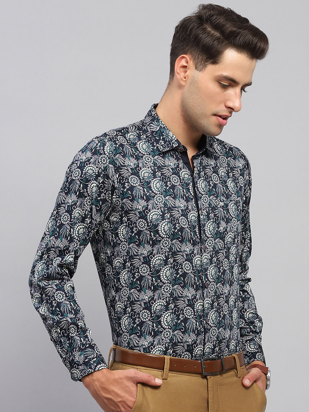 Men Blue Printed Spread Collar Full Sleeve Shirt