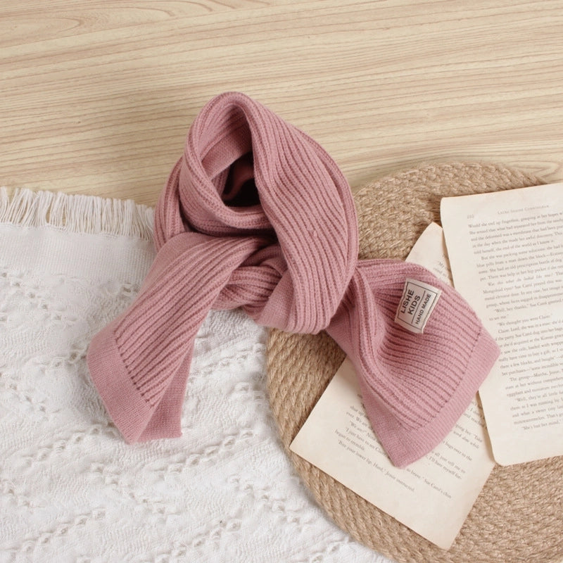 Style Solid Color Vertical Strip Large Label Children's Knitted Scarf Winter New Baby Warm Wool Scarf