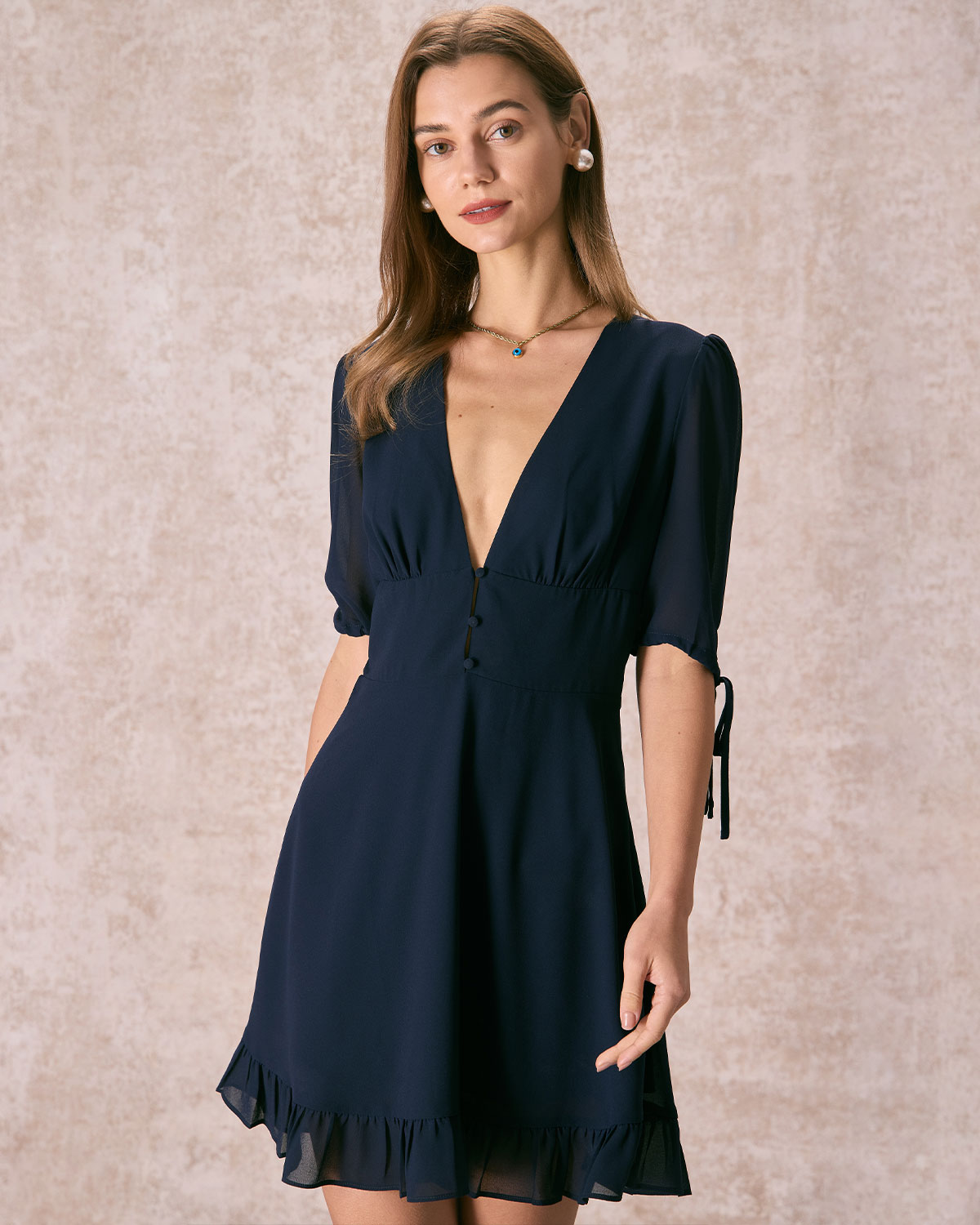 The Navy Deep V Neck Half Sleeve Mini Dress