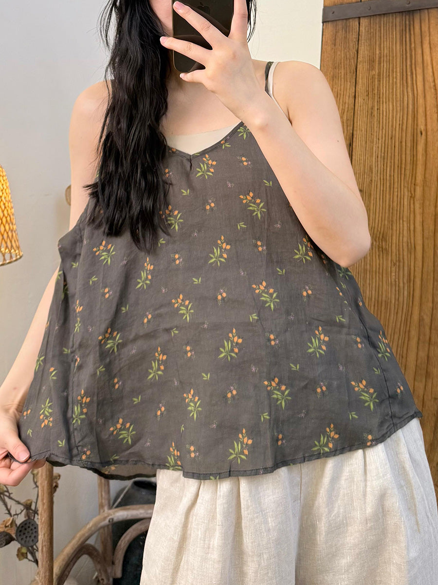 Women Summer Vintage Floral V-Neck Ramie Vest